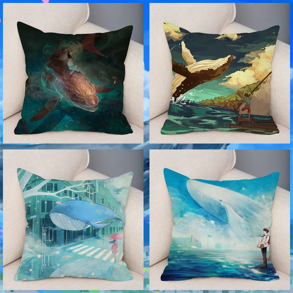 Cartoon Colorful Flying Whale Cushion Cover Linen Pillows Covers 45*45cm Throw Pillow Case Car Home Decor Animal Pillowcase | Дом и сад