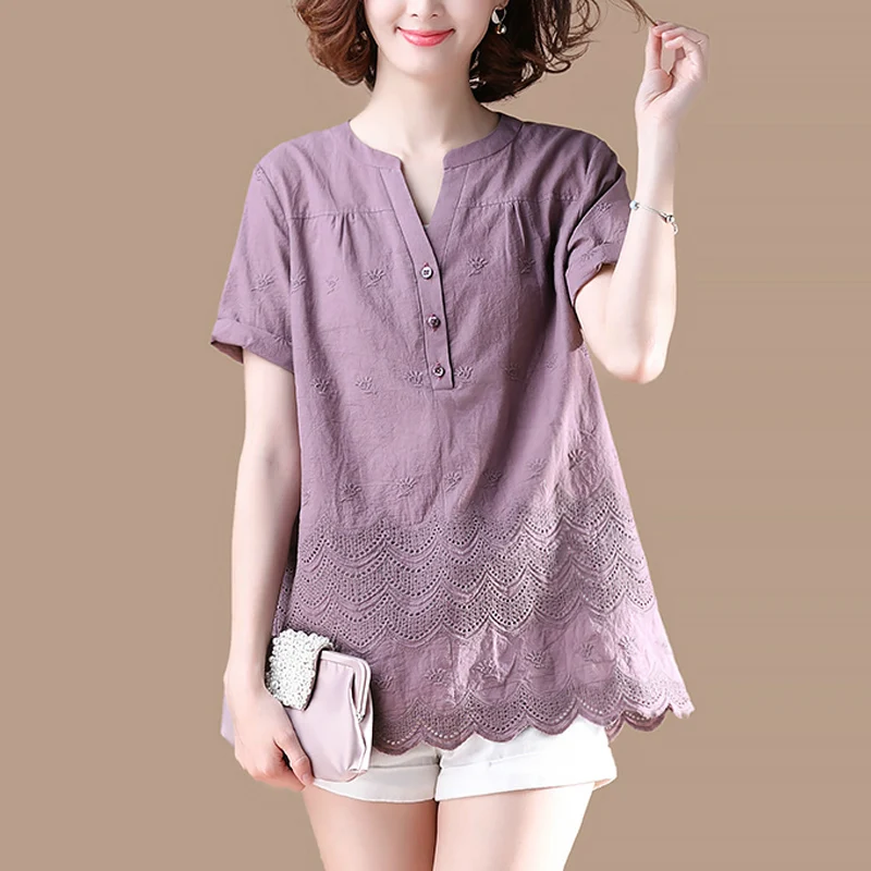 Summer Casual Women 2019 4xl Loose Short Sleeve Embroidery Cotton Blouse Top Shirt , Woman V Neck Purple Ruffle tops And Blouses