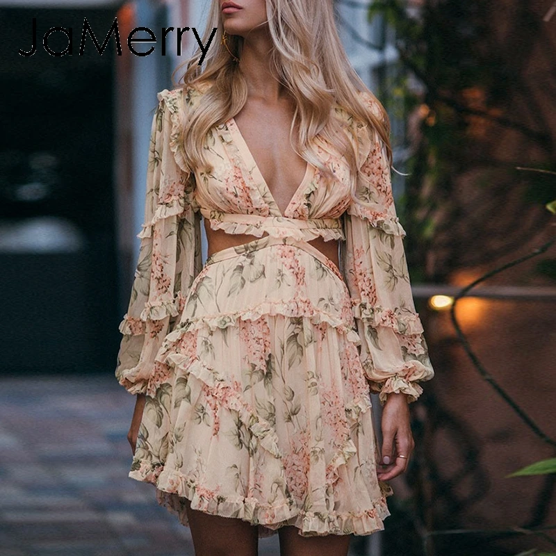 JaMerry Boho Цветочный Принт Бандажное шифоновое платье на шнуровке женские летние