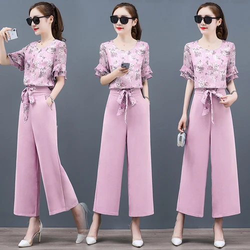 Женский комплект из двух предметов шифоновая блузка с цветочным принтом и брюки