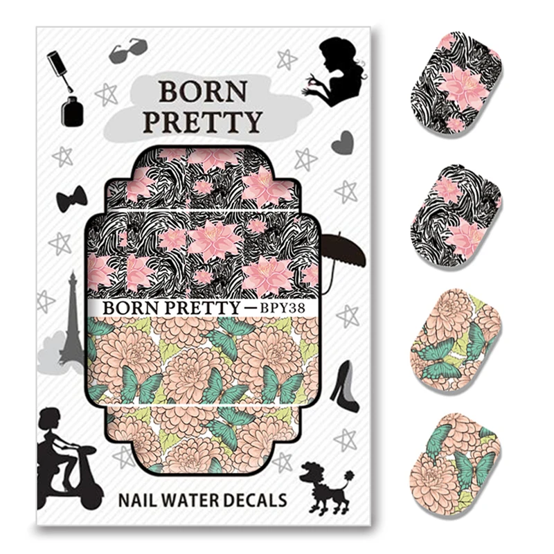 BORN PRETTY Flower Butterfly растения тема дизайн ногтей воды переводные наклейки стикеры 5 простыни детские наборы для ухода за кожей BPY36-40