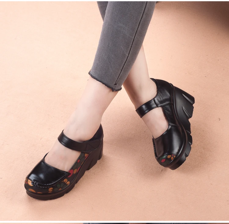 Genuine leather Wedges Women's shoes Spring Autumn Platform Women Pumps Hook&Loop Mary Janes Shoes Woman Casual Mom Leather shoe