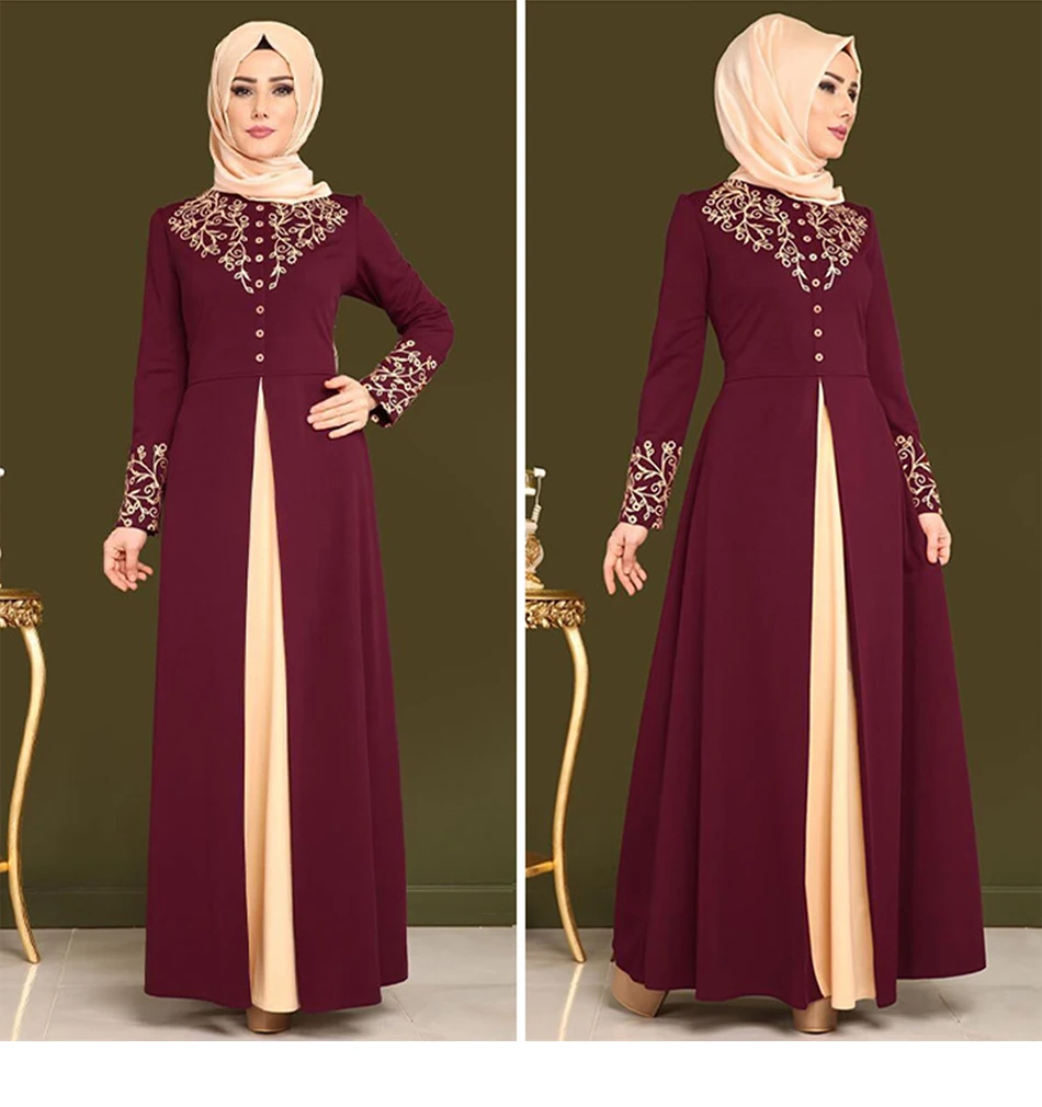 Женское мусульманское платье с золотым тиснением черное длинным рукавом