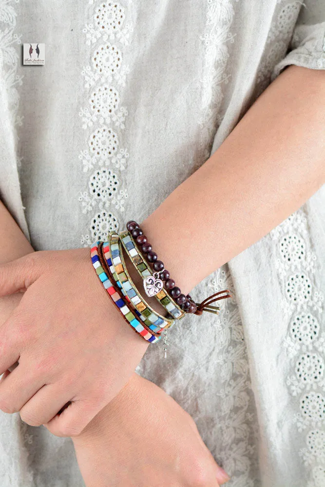 Кожаные браслеты смешанные квадратные натуральные камни 2 нити кожаные