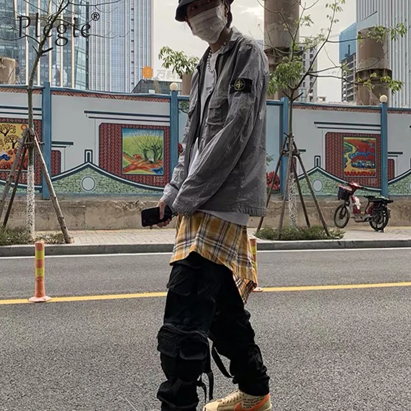 

Plegie Men Color Block Patchwork Side Pocket Unisex Plaid Skirt Men Irregular Hemline Men's hiphop Skirts One Size Dropshipping