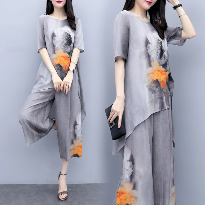 Большой размер цветочные две детали с принтом Комплект женский летний костюм