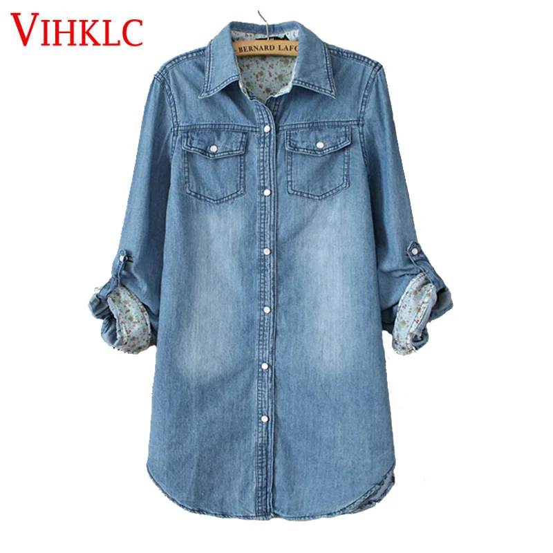 Для женщин блузка Демисезонный с длинным рукавом Повседневная джинсовая рубашка