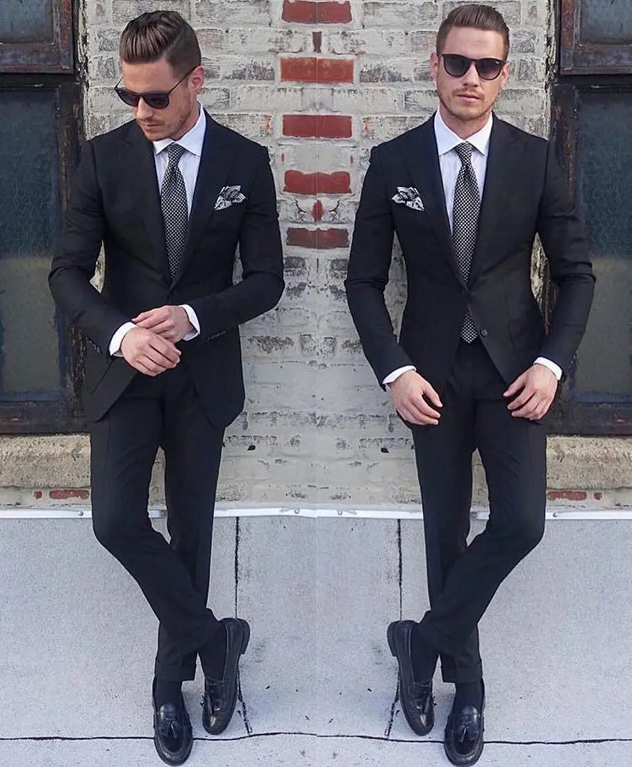 2019 Handsome Black Casual Mens Suits Slim Fit Two Pieces Groomsmen Wedding Tuxedos For Men Blazers Peaked Lapel Formal Suit