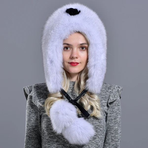 womens winter hats and caps natural fur fox hat with tails 2 balls fluffy fur elegant fashionable stylish warm hat with earflaps - Цвет: RG-01