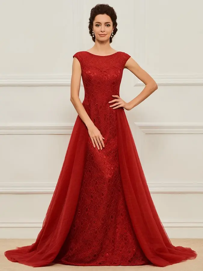 

Customed Elegant Cap Sleeve Watteau Train Lace Mother of the Bride Dresses 2020 A-line Formal Prom Party Gowns Vestiods