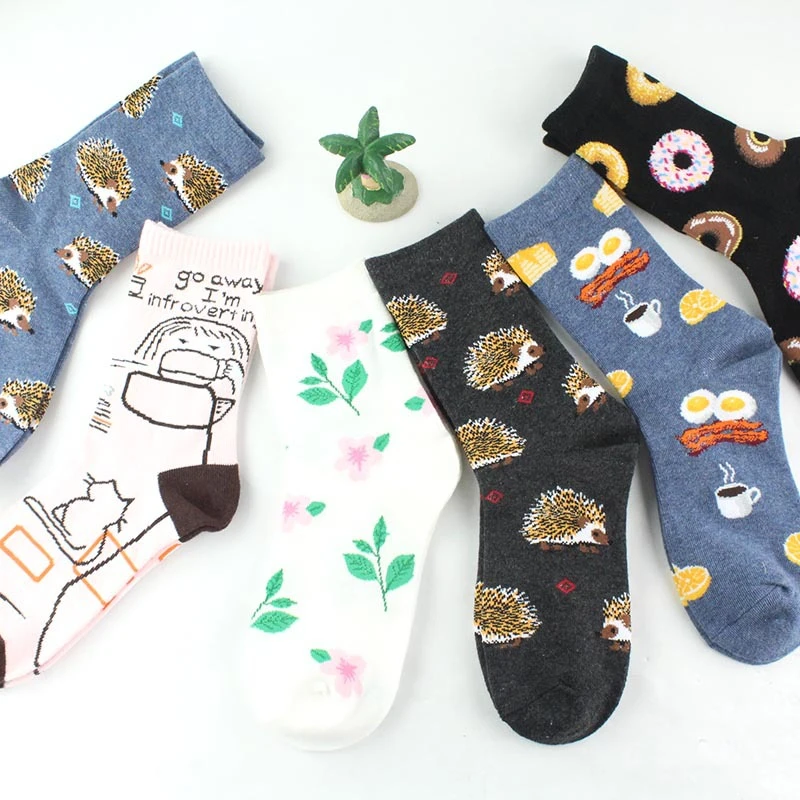 CHAOZHU для женщин kawaii животные закуска Ежик пончики Шнауцер золотые волосы Keji яйцо бекон милые Осень Зима Леди забавные носки