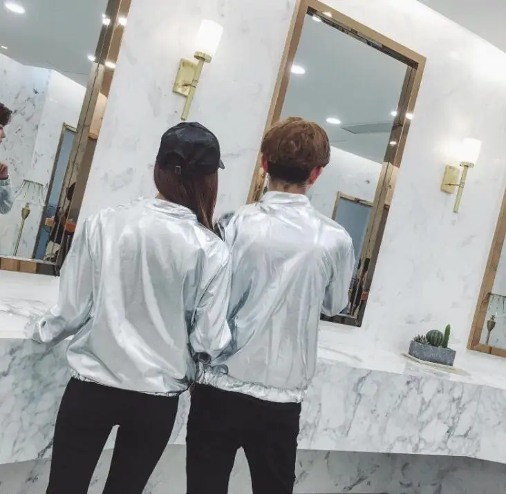 

Gold jacket men casual clothes Rock Hip hop Couple Hot stamping Silver Standing collar casaco masculino mens jackets and coats