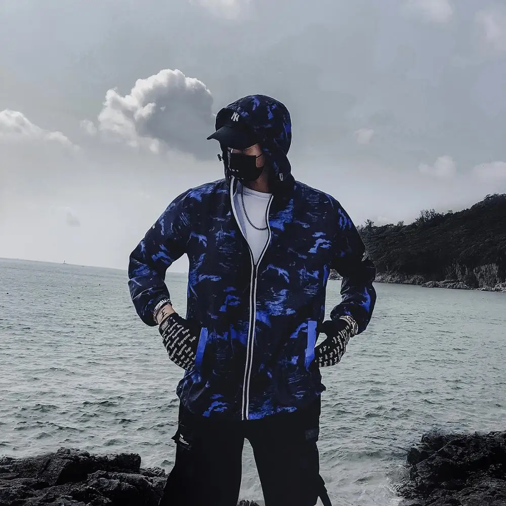 

Fashion Men Jackets Summer Autumn Coat Harajuku Rash Guards Printed Windbreaker casacas para hombre Hooded Hip Hop Jacket