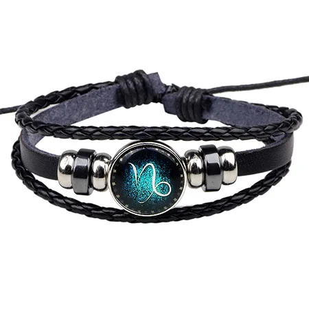 B076S007 Capricorn 12 созвездия зодиака браслеты светится в темноте кожаный браслет мужские Регулируемые веревки бусины ручной работы Плетение ювелирные изделия - Окраска металла: B076S007 Capricorn