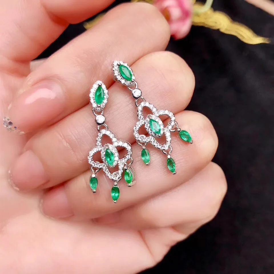 100% natural green emerald earrings Natural gemstone S925 silver female party gift jewelry | Украшения и аксессуары