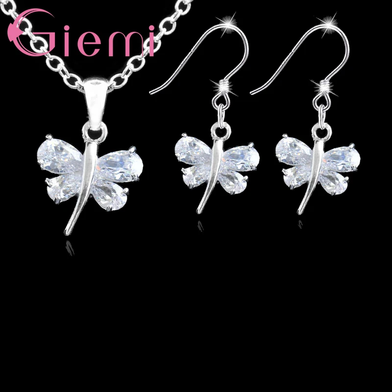 Симпатичная стрекоза серьги ожерелье кулон ювелирные наборы серебро 925 пробы