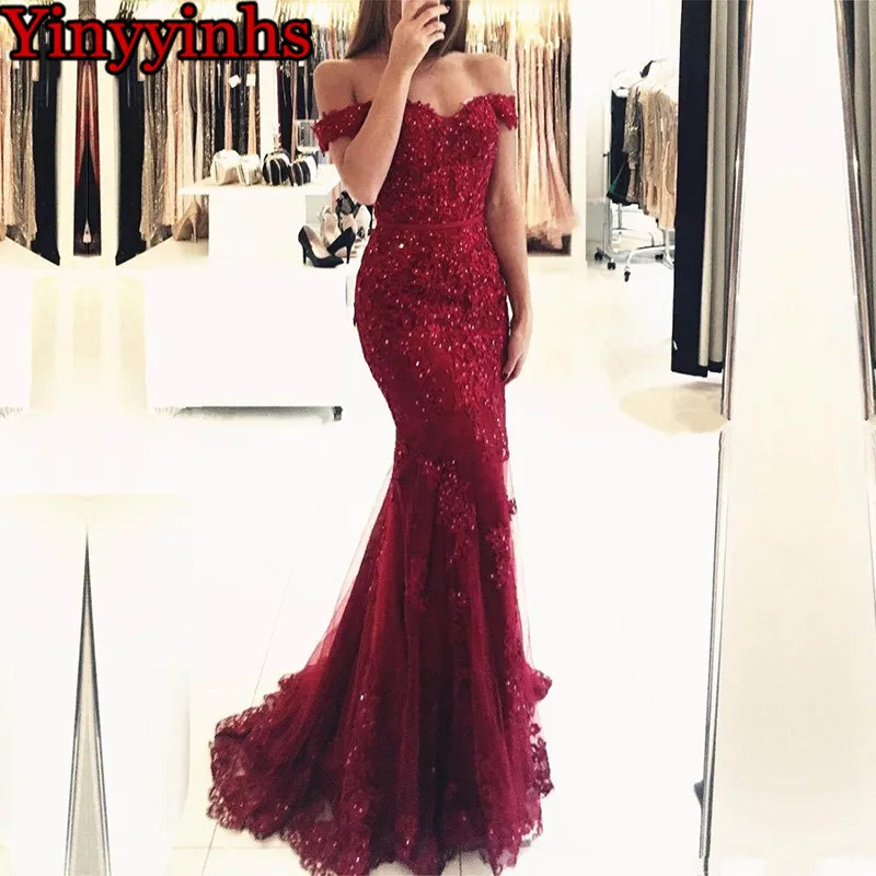 Вечерние платья с открытыми плечами длинное кружевное платье Русалка Длинное