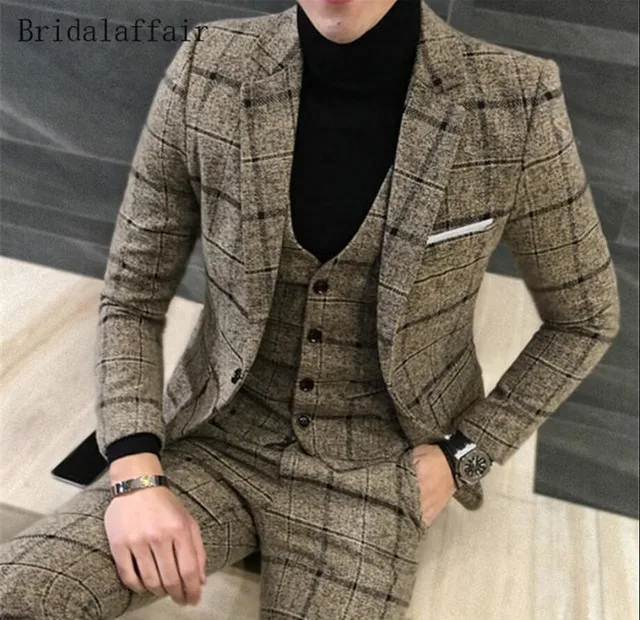 Новый дизайн Bridalaffair 2018 мужской костюм британский темно серый клетчатый