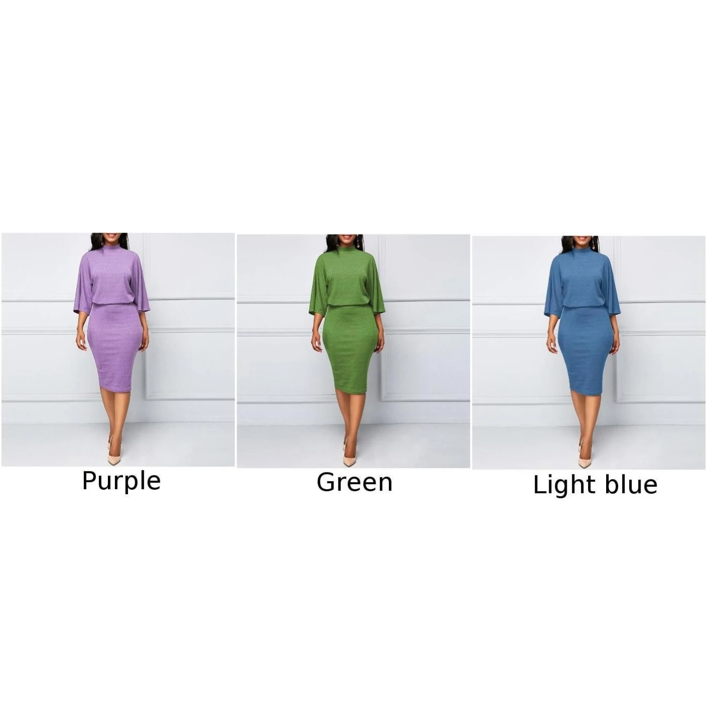 Женское однотонное облегающее платье с вырезом лодочкой и рукавом 3/4 цветное