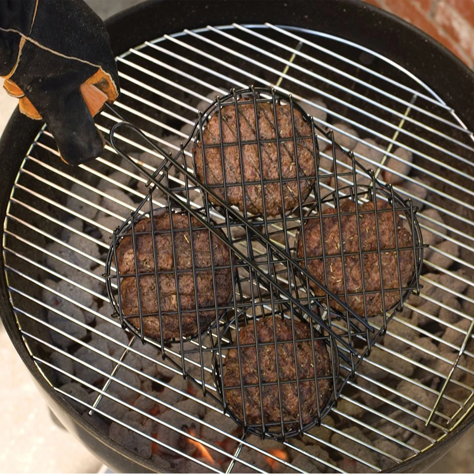

Non-Stick Small Hamburger Grill Basket BBQ Grilling Mini Burger Press Set Wood Handle Small Burger Basket Set BBQ Accessories