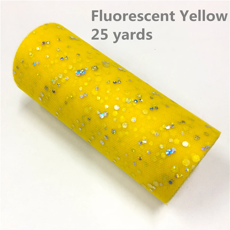 Fluorescent Yellow Белый розовый блеск рулон тюля с блестками 25 ярдов 15 см катушка пачка Свадебная отделка органзы лазер DIY ремесло день рождения поставки - Цвет: Fluorescent Yellow