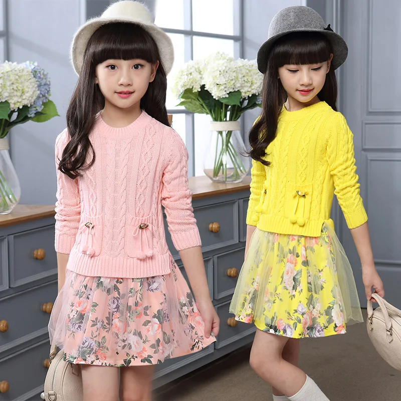 2019 new Autumn girl Dress children clothing fashion patchwork kintted floral princess dress kids girls clothes age 3-15Y | Детская