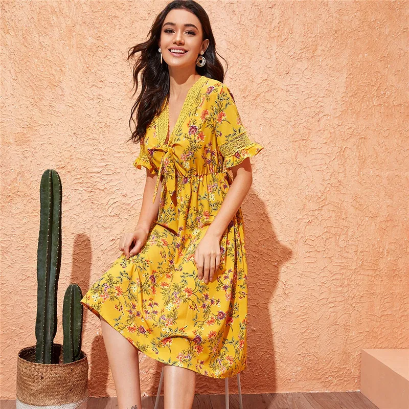 SHEIN, имбирное Гипюровое платье с кружевной вставкой и узлом спереди, Цветочное платье, женское платье миди с v-образным вырезом, платье с оборками на талии, летнее платье с рукавами