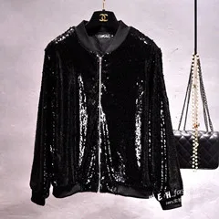 black Cakucool женские куртки-бомберы с блестками верхняя одежда на молнии с длинным рукавом золотистое черное пальто, расшитые бисером женские куртки Плюс - Цвет: black