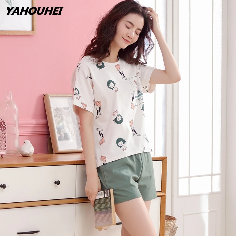 Женские пижамные комплекты большие размеры M 2XL 100% хлопок пижама с короткими