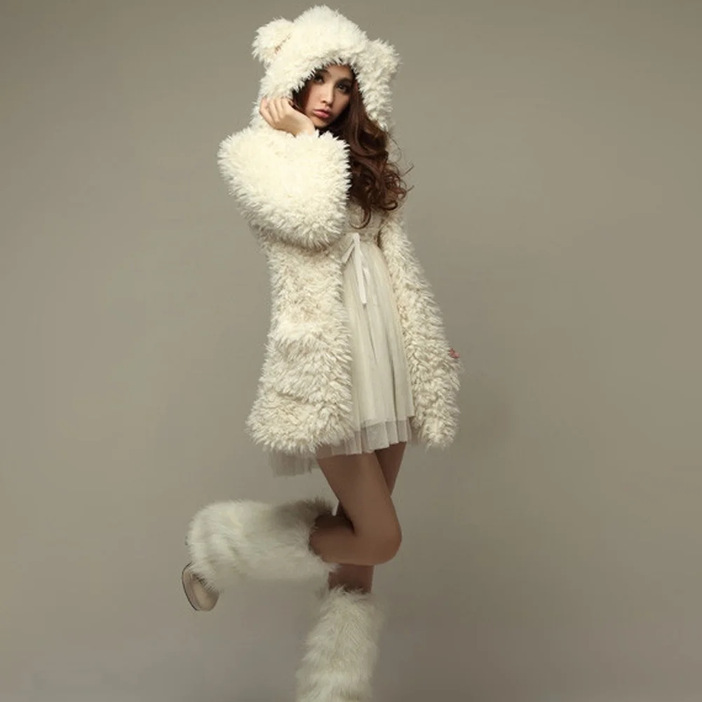 Девушки Дамы Мода сладкий медведь уха с капюшоном Искусственный флис милое