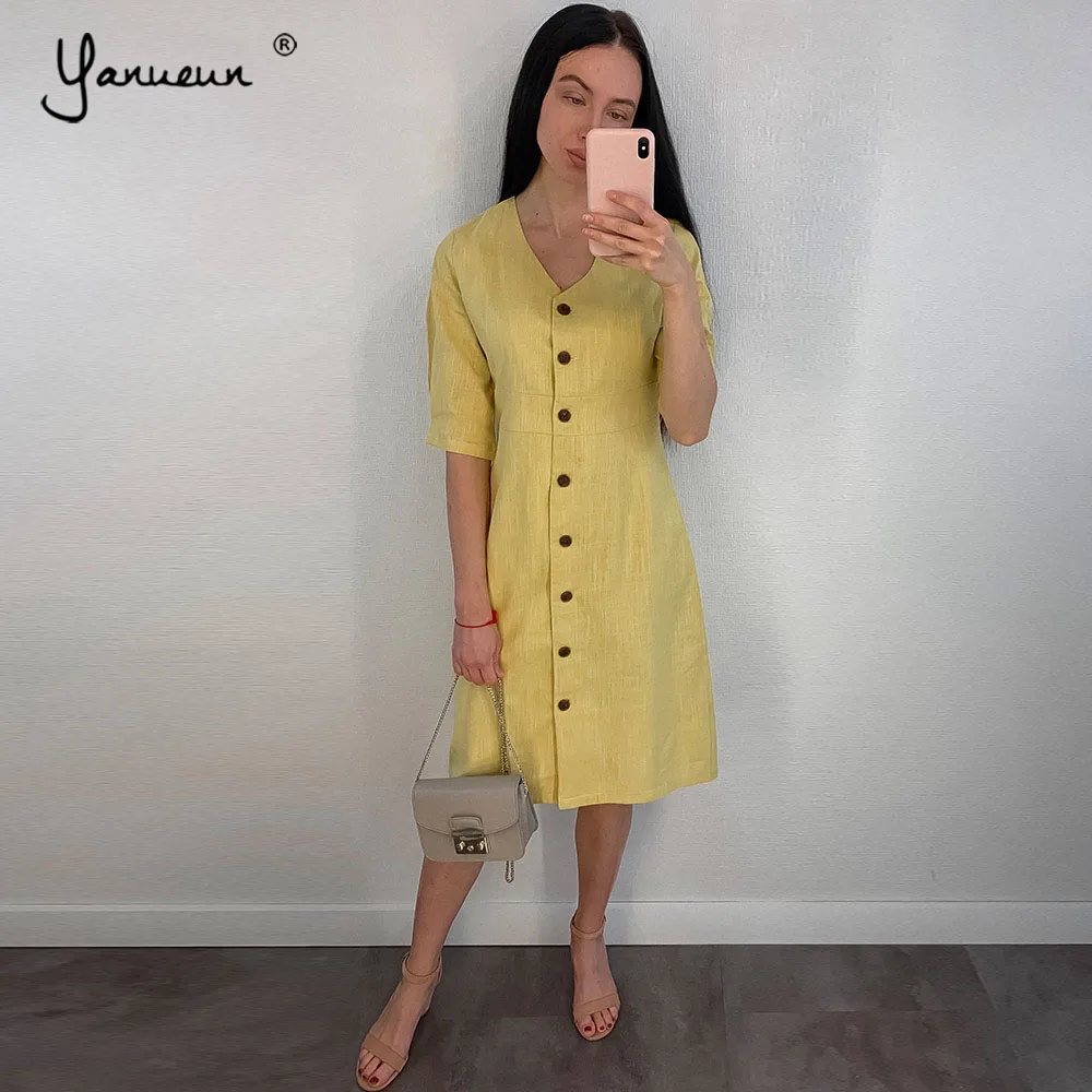 Yanueun Normcore 2019 летнее однотонное платье с v образным вырезом и коротким рукавом
