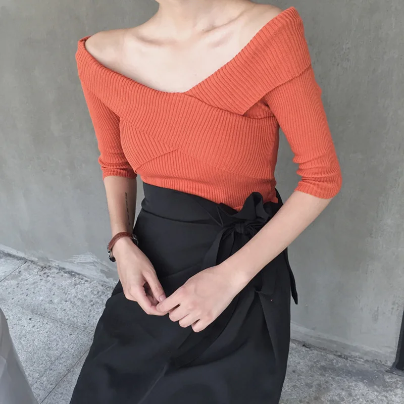 Casual Ribbed knitted Slash Neck sweater women Skinny slim femme jumper Crop top winter tricot pullover | Женская одежда