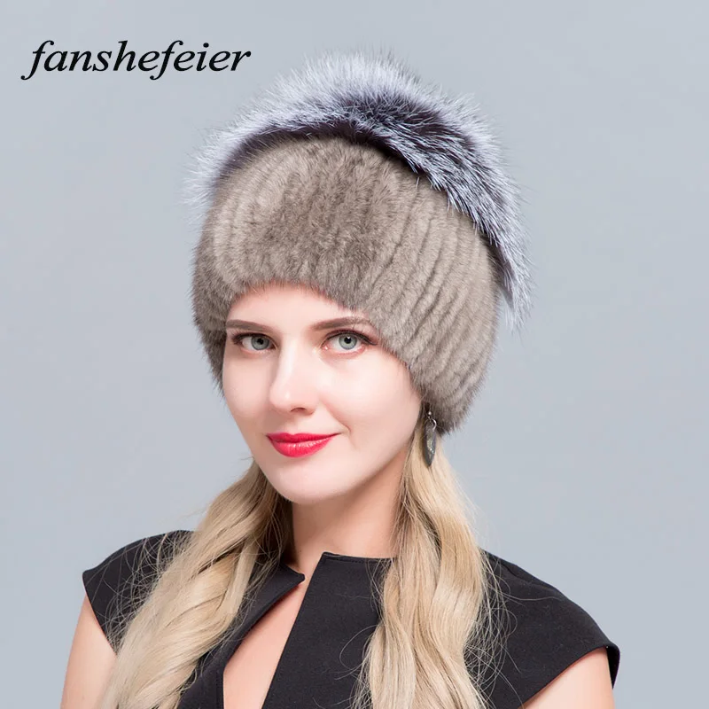 colour04 Fanshefeier Лидер продаж женские вязаные шапки норковые шапки модные зимние теплые вертикальные переплетения с лисьим мехом на верхней части - Цвет: colour04