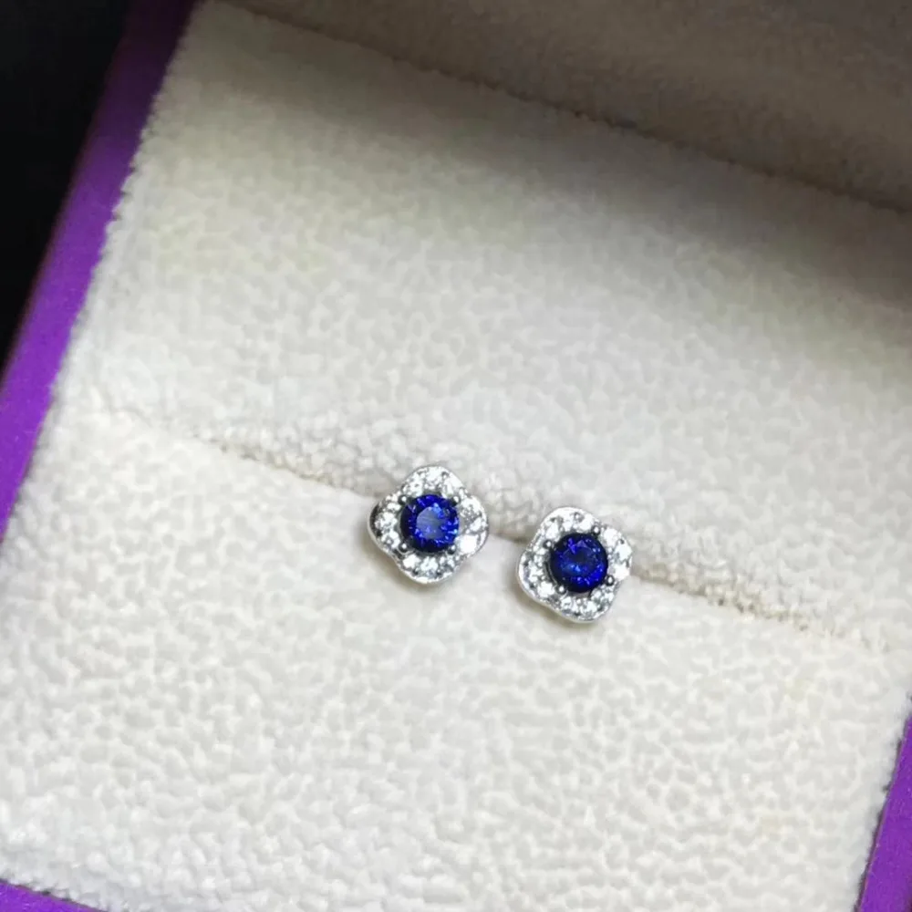 Серьги-гвоздики с драгоценными камнями из серебра 925 пробы натуральным синим