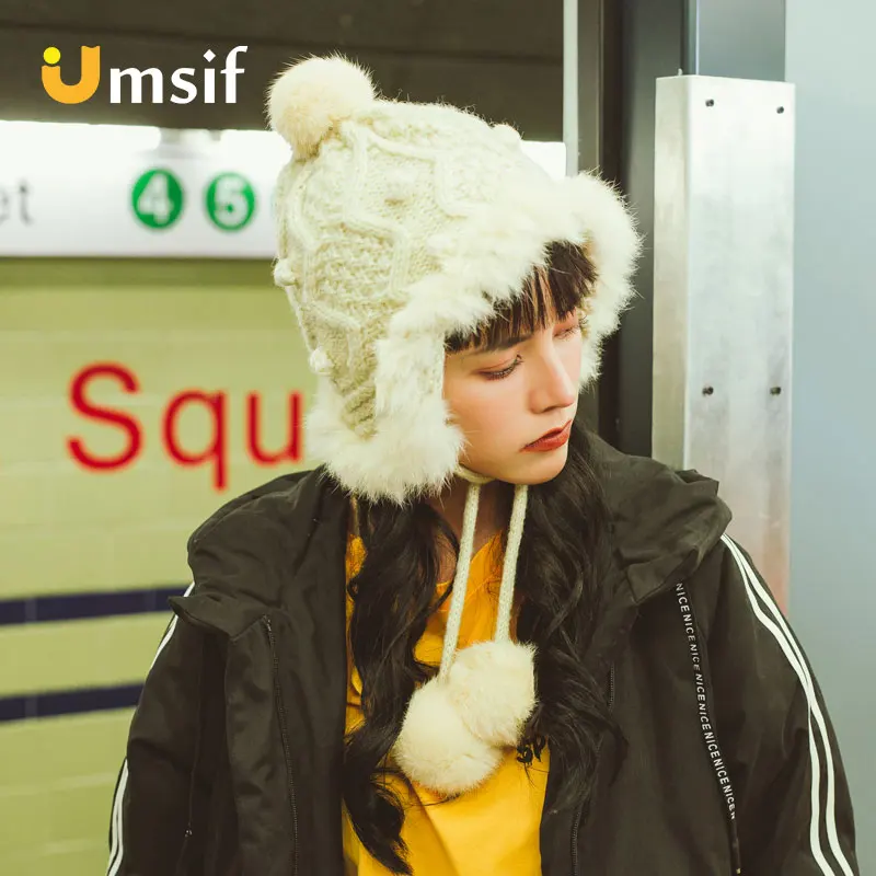 Женская меховая вязаная шапка с помпонами новинка зимы 2018 однотонная Толстая