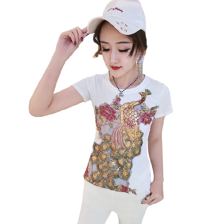 

2020 spring and summer new short-sleeved female heavy work Phoenix embroidery sequins Slim T-shirt tops women