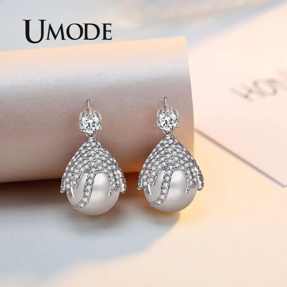 UMODE корейские элегантные Висячие жемчужные белые стразы серьги капли для женщин