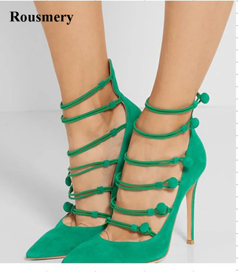 Женские модные туфли-лодочки с острым носком из зеленой замшевой кожи ремешком