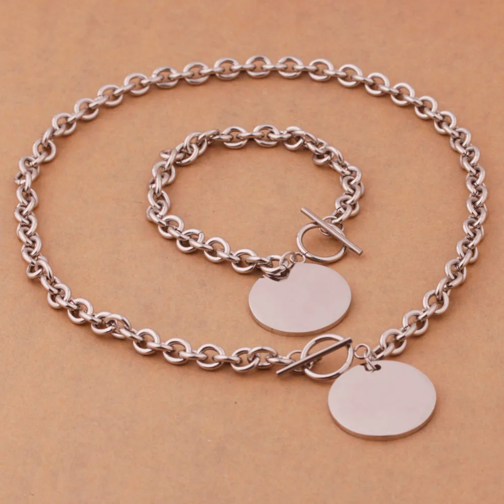 Fashion Jewelry Women's Silver Stainless Steel Rolo Chain Round Medallion Charm Necklace Bracelet Set | Украшения и