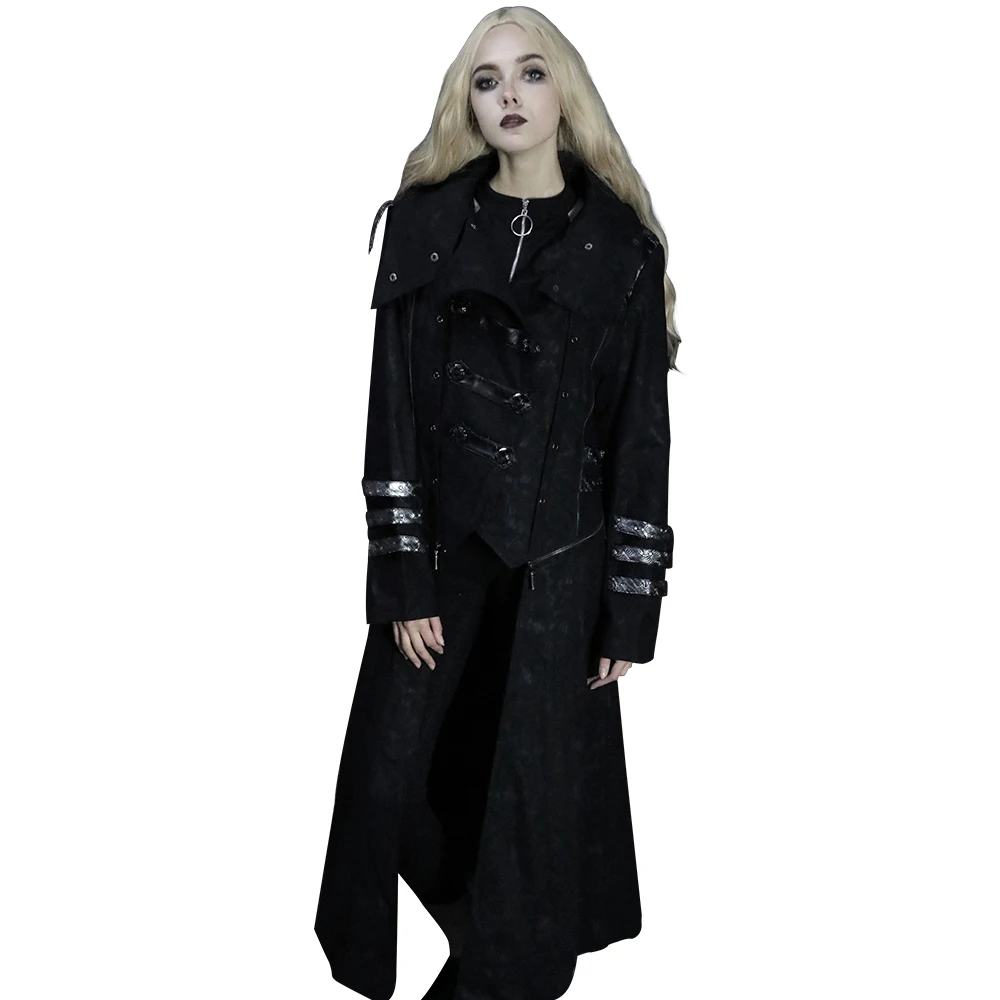Черные Готические зимние женские длинные пальто в стиле стимпанк с высоким