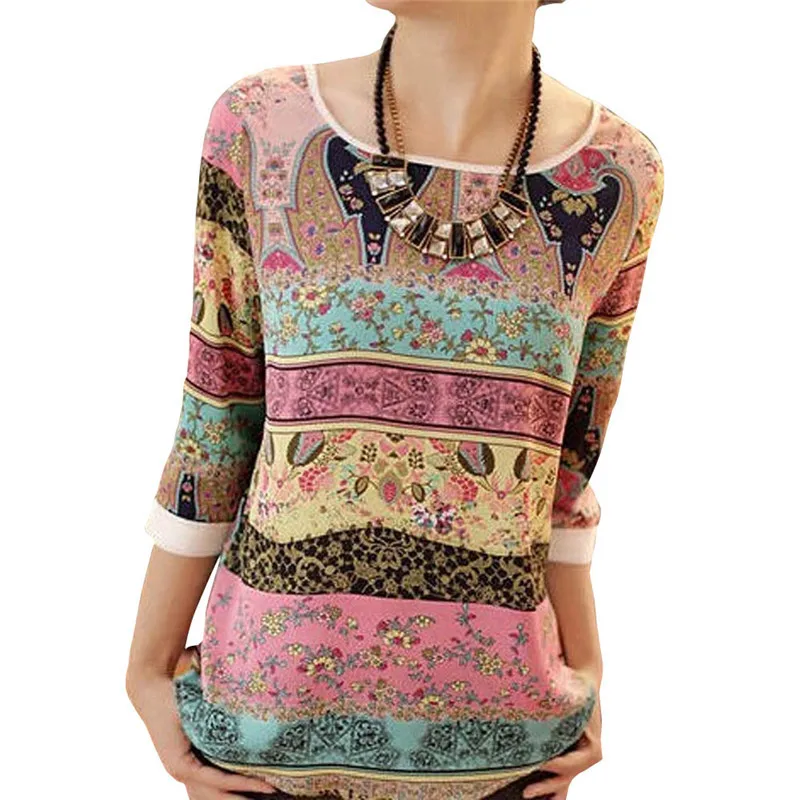 2018 Лето Boho Печать Топы Для женщин шифон блузки рубашки Повседневное круглым