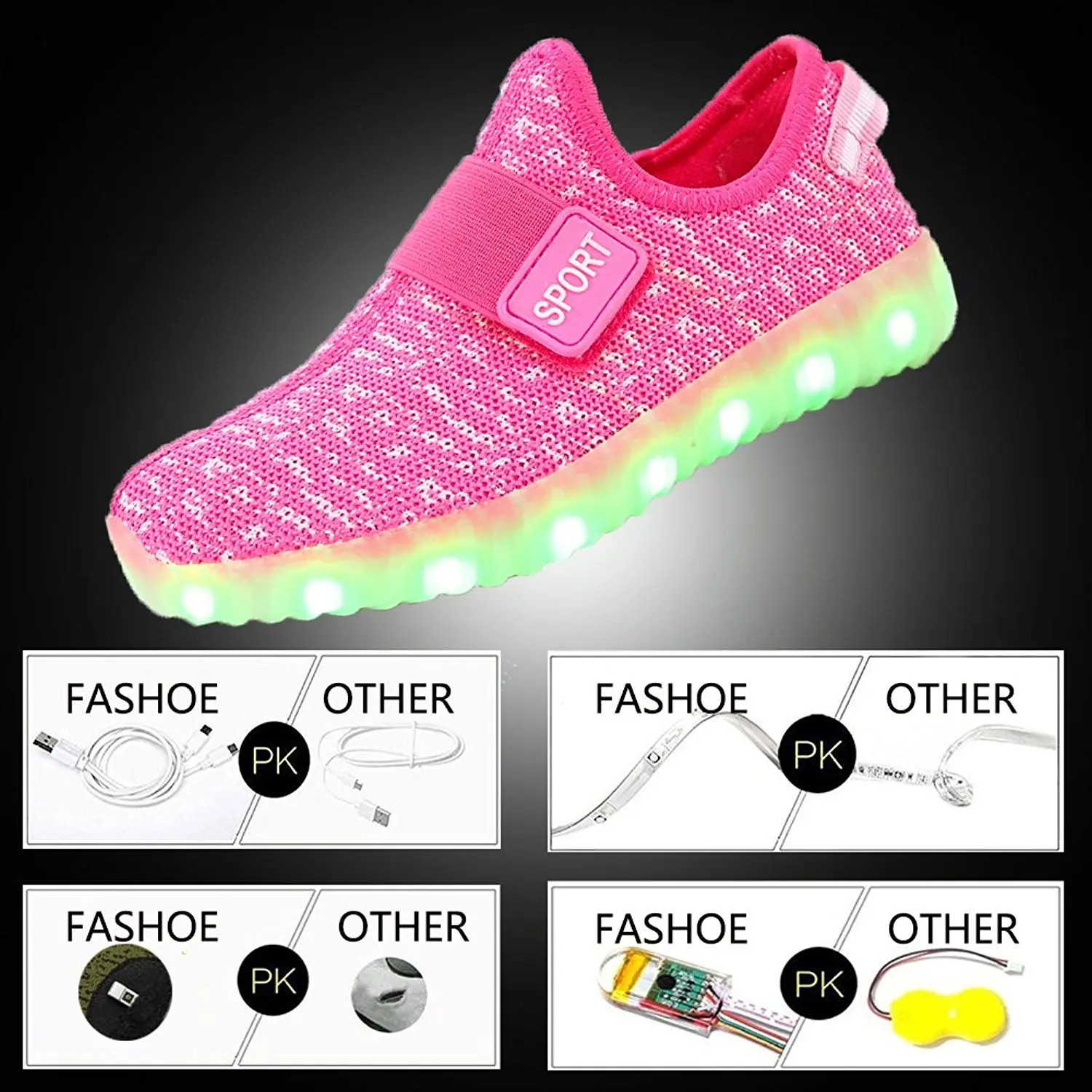 Boys Girls Breathable LED Light Up Shoes Flashing Sneakers Luminous Kids with Glowing Children Pink | Детская одежда и обувь