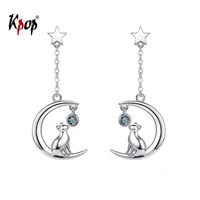 kpop 925 sterling silver earrings wedding bridal jewelry gifts for girls rainbow stone moon star cat drop dangle earrings e6006