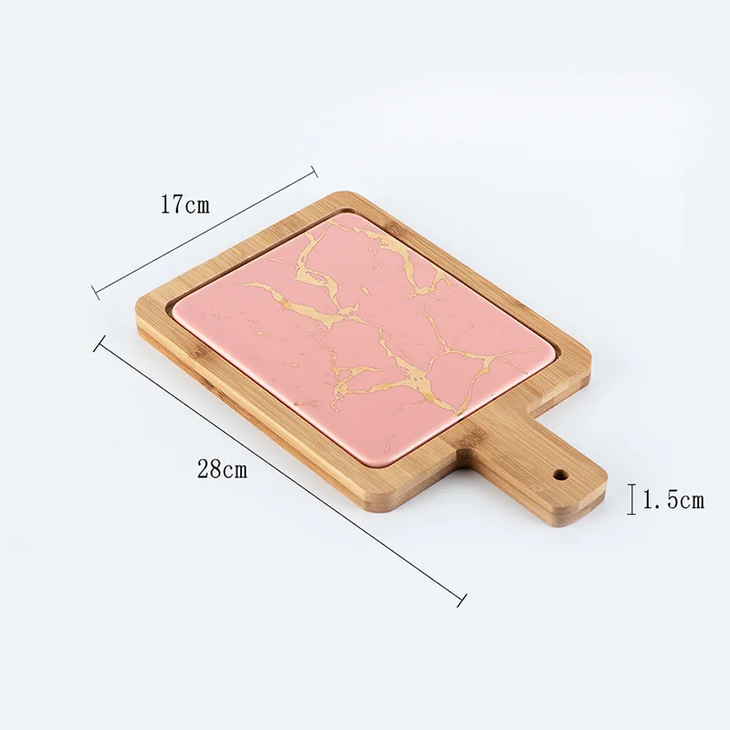Small Size Керамические обеденные тарелки с деревянным поддоном, тарелка для приготовления стейка, тарелка для салата, Мраморная тарелка в скандинавском стиле, посуда для украшения дома - Цвет: Small Size