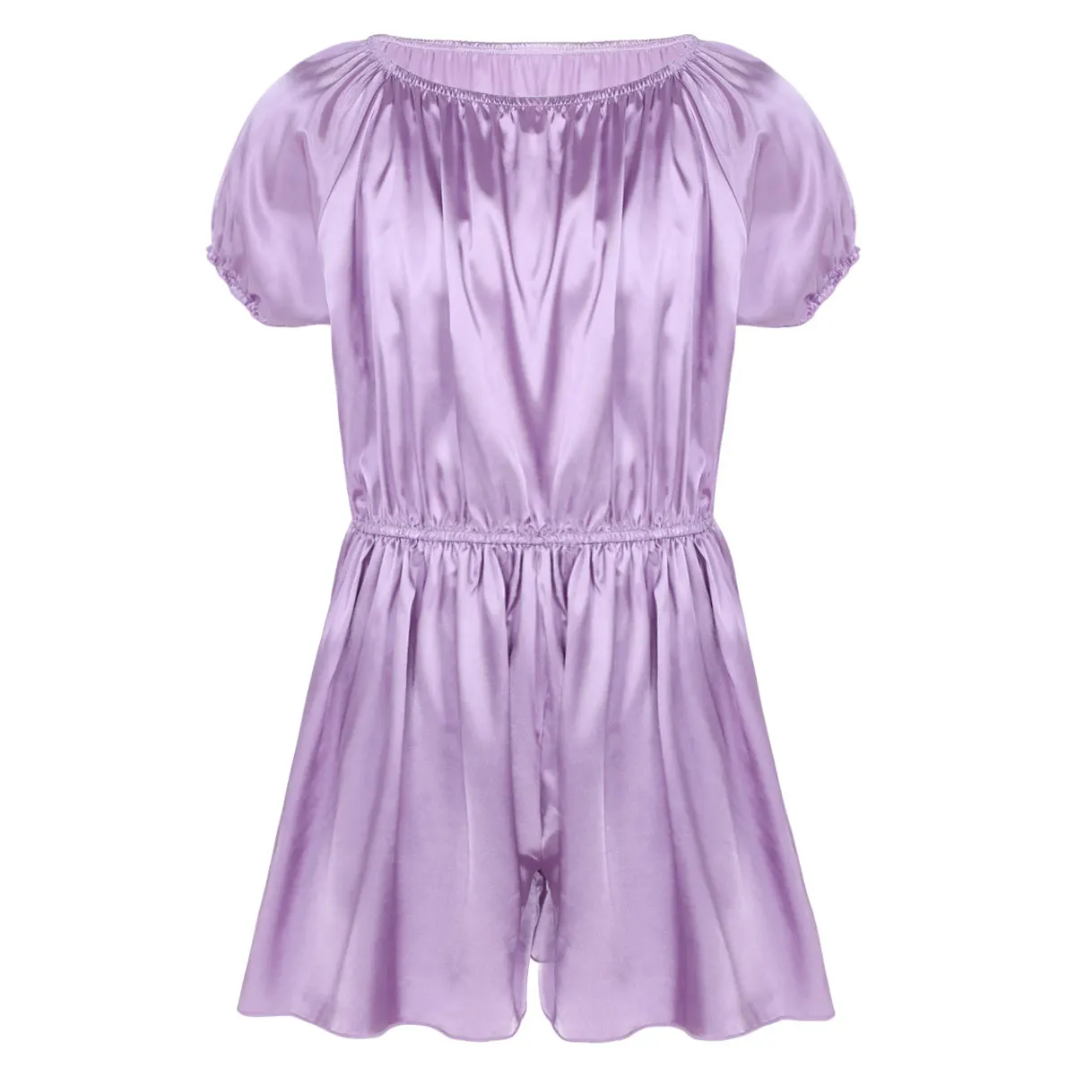 Light Purple Мужское нижнее белье SISSY с коротким рукавом и эластичным вырезом и талией, мягкие блестящие атласные брюки с оборками, одежда для сна, мужские пижамы для геев - Color: Light Purple