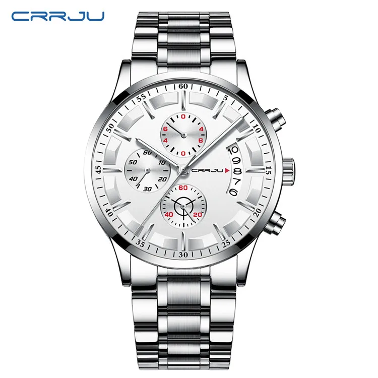 S silver white Мужские часы CRRJU Топ бренд водонепроницаемые спортивные часы с хронографом мужские повседневные кварцевые часы из нержавеющей стали Relogio Masculino - Цвет: S silver white