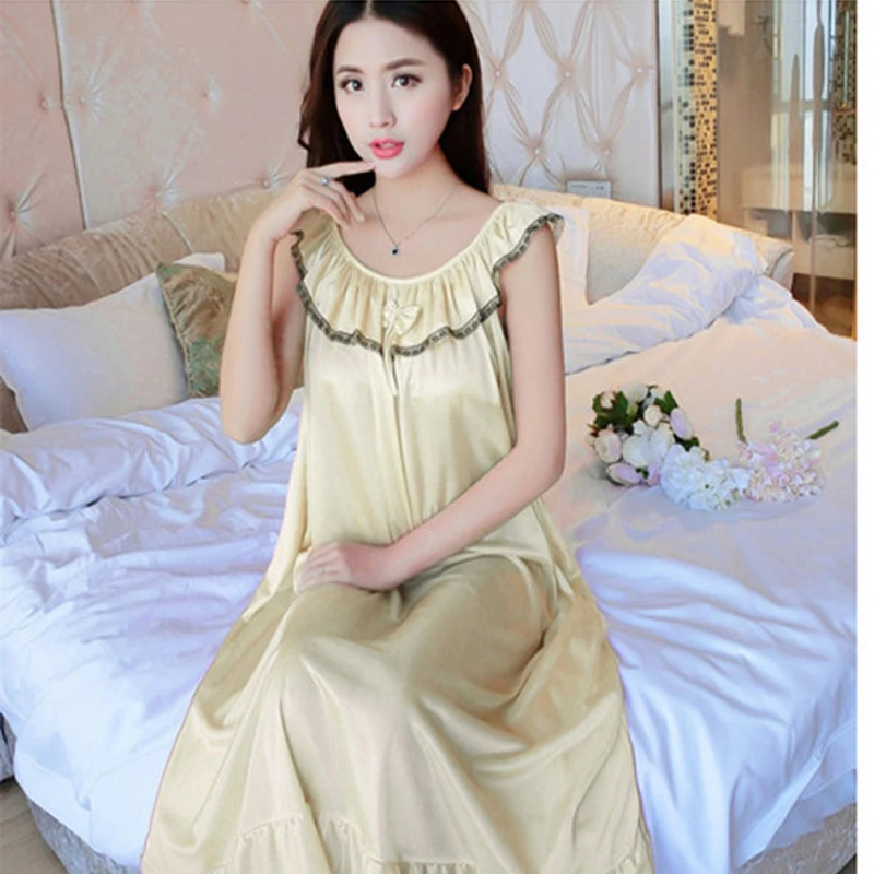 Silk satin nightgown 5XL Летняя шелковая ночная рубашка женская однотонная Пижама Женская атласная кружевная ночная рубашка шелковая сексуальная ночная рубашка женское домашнее платье для сна L-3XL 4XL - Цвет: Silk satin nightgown