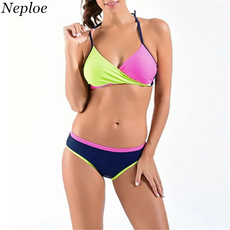 Neploe Newly Sexy Cross Criss Women Bikini Set 2018 Double Color Patchwork Biquini Summer Halter Two-piece Beach Swimwear 41744 | Спорт и