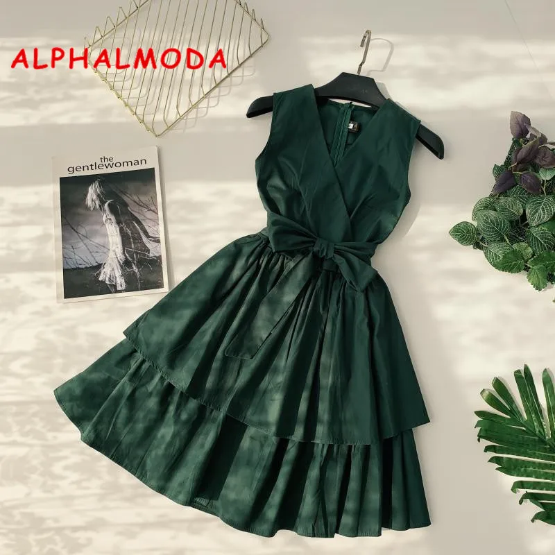 ALPHALMODA, летнее женское платье принцессы без рукавов с двойным слоем, с высокой талией, с поясом, для девушек, бальное платье, милое, с оборками, Vestidos