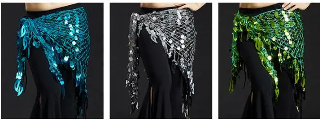 Танец живота Костюм Bling Sequine хип шарф Племенной Бахрома Кисточкой обёрточная бумага пояс сплошной цвет Красный Серебряный Золотой